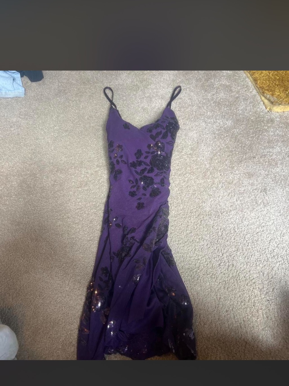 Purple Sequin Floral Slip Mini Dress with Spaghetti Straps